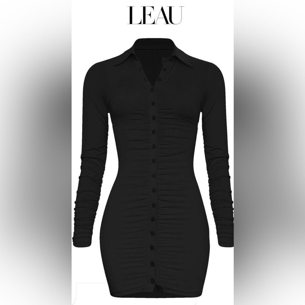 LEAU Berlin Black Long Sleeve Button Up Mini Dress Body-con Ruched Size small